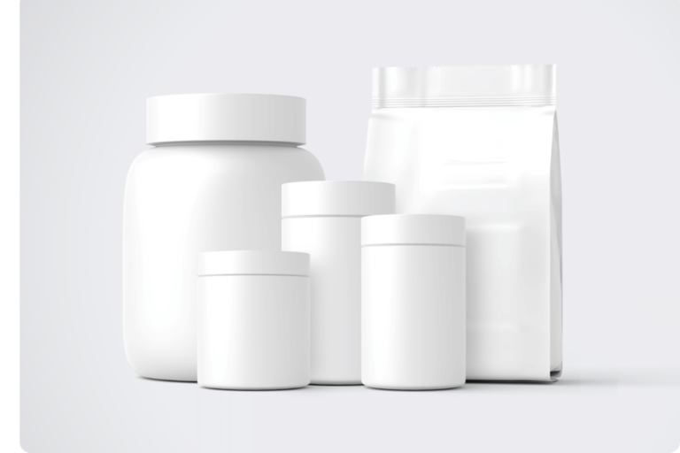 Different types of Supplement Packaging: Bottles, Jars, Pouches, Sachets.