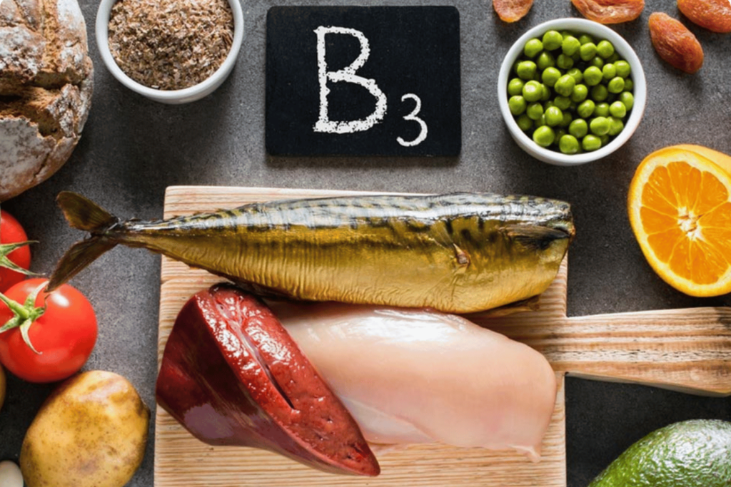 Food sources of Vitamin B3: Tuna, red meat, peas, nuts.