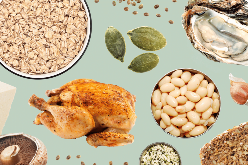 food sources of zinc: Chicken, oysters, clams, nuts and seeds.