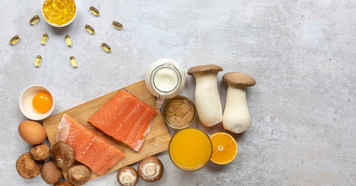 Food sources of vitamin d: Salmon, mushrooms, eggs, milk.