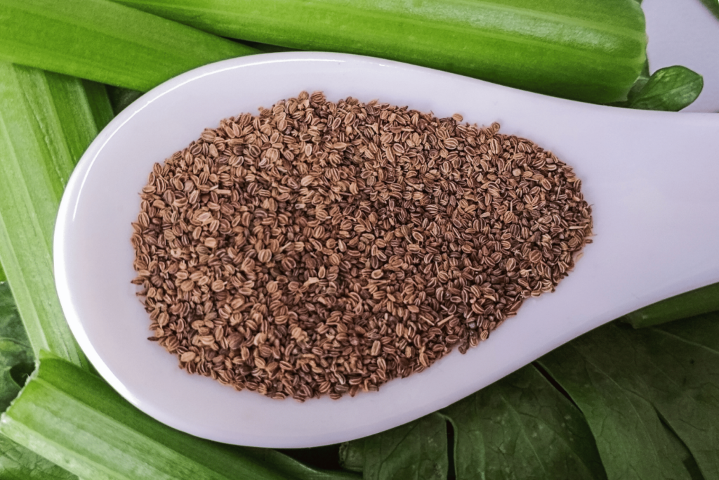 a photo with celery stalks in background and a spoon full of celery seed extract