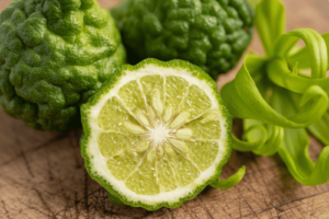 a photo depicting citrus bergamot extract, green coloured lime like fruit with seeds