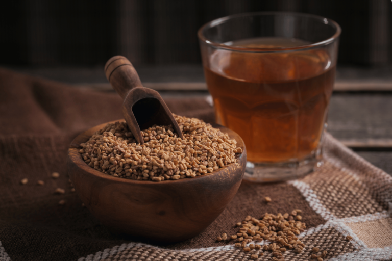 a bowl full of fenugreek extract (solid form) and a glass full of fenugreek liquid extract