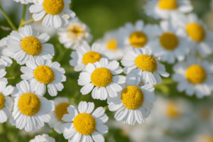 a photo depicting bunch of daisy like white flowers (feverfew flower)
